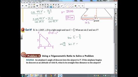 Cosine ratios, along with sine and tangent ratios, are ratios of two different sides of a right triangle.cosine ratios are specifically the ratio of the side adjacent to the represented base angle over the hypotenuse. 14-3-Right Triangles and Trigonometric Ratios - YouTube