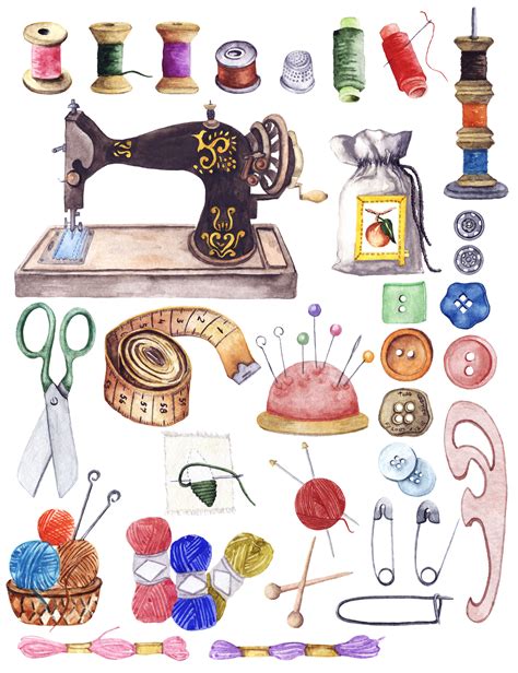 Watercolor Vintage Sewing Kit Clipart Embroidery Sewing Clip Art