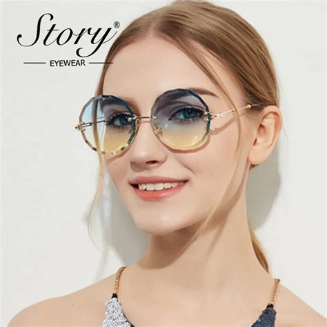 Story New Fashion Round Rimless Sunglasses Women Retro Metal Frame Crystal Sides Clear Glasses