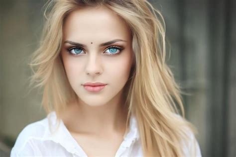 premium ai image a woman with long blonde hair and blue eyes is looking at the camera