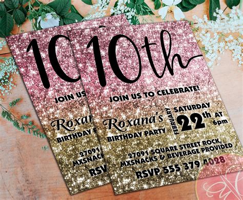 10th Birthday Invitation Gold And Rose Gold Glitter 10th Etsy