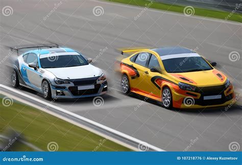 Two Race Cars Racing At High Speed Stock Photo Image Of Competitive