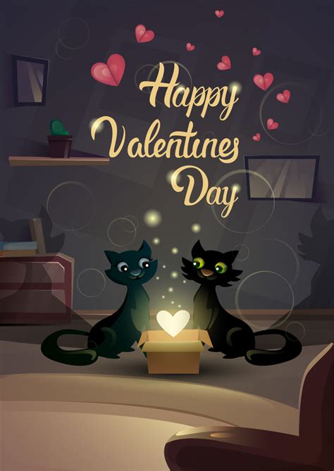 Black Cat Love With Valentine Day Card Vector 04 Free Download