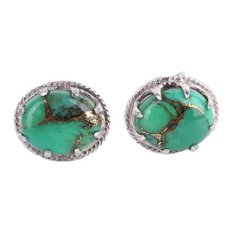 Green Composite Turquoise Stud Earrings In Sterling Silver Morning In
