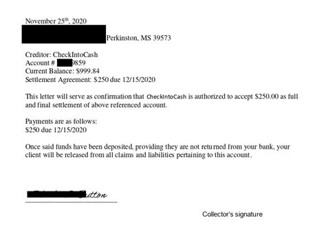 Settlement Letter With Check Into Cash Client Saved 75