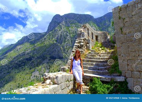 Tourist Woman Hiking In Ancient Fortifications Stock Photo Image Of