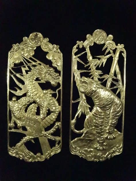 2 Pc Chinese Brass Wall Plaques Dragon And Tiger Approx Lot 275