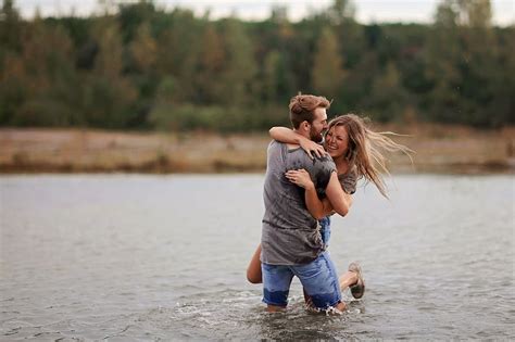 Man Hugging Laughing Woman Standing Body Water Blond Hair Piqsels