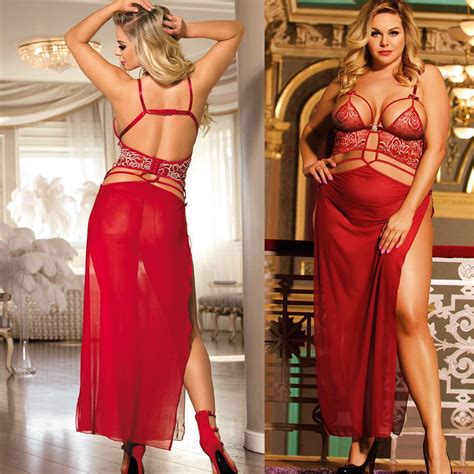 Long Gown Red Sheer Plus Size M XL 3XL 5XL Valentines Sleepwear Lingerie