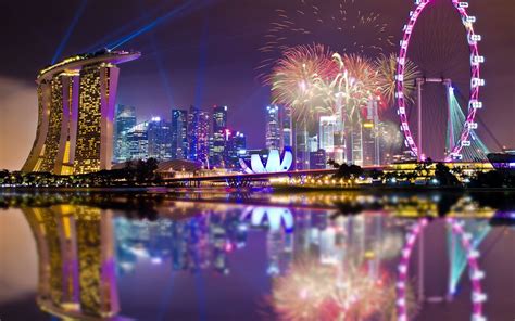 Singapore Architecture Fireworks Lights Night Reflection Marina