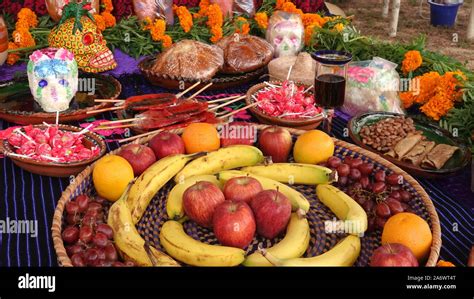 Day Of The Dead Altar Ofrenda With Food Sweets Sugar Skulls And