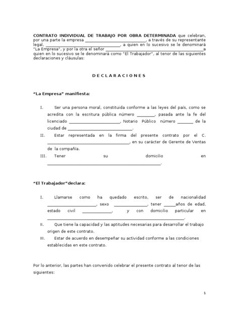 Contrato De Trabajo Por Obra Determinada Pdf Salario México