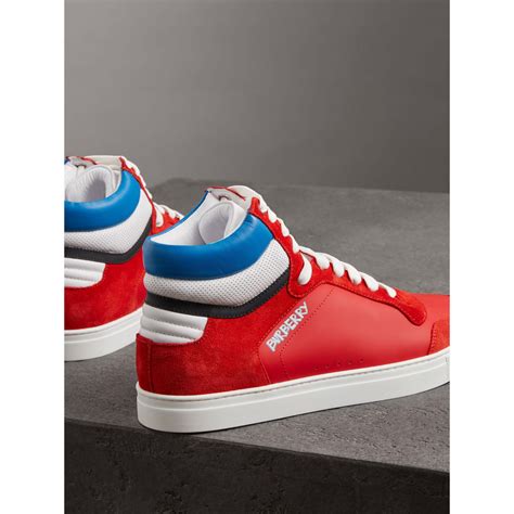 Burberry Leather And Suede High Top Sneakers In Bright Red Red For