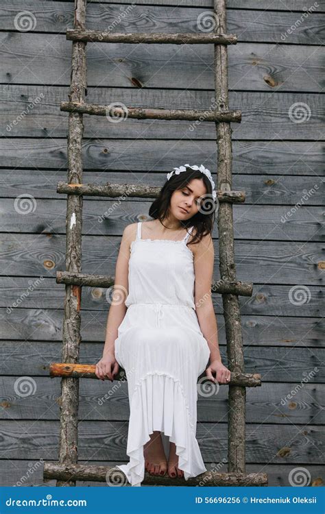 Girl Climbing Ladder Into Tree House Stock Photo Image Of Caucasian