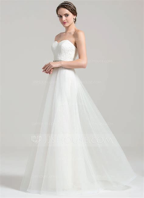 A Lineprincess Sweetheart Floor Length Tulle Lace Wedding Dress With