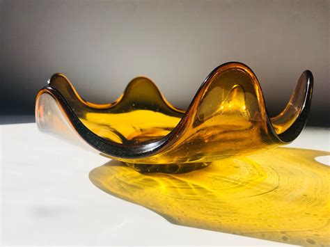 Mid Century Modern Free Form Amber Glass Bowl Hand Blown Collectible