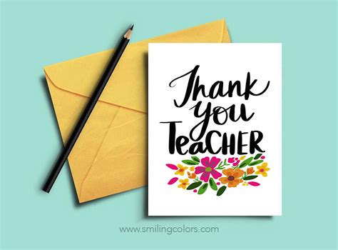 6 Free Thank You Teacher Printable Cards Smiling Colors
