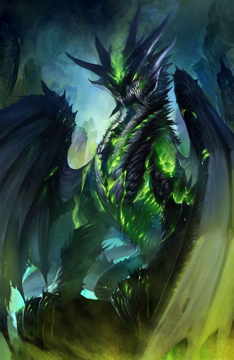 A Green And Black Dragon Sitting On Top Of A Lush Green Forest Covered