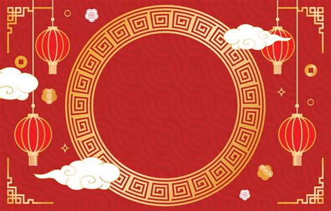 Circle Frame Chinese New Year With Lantern Ornament And Red Background