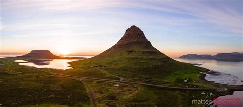 Aerial Panoramic Of Mount Kirkjufell At Sunset Iceland Royalty