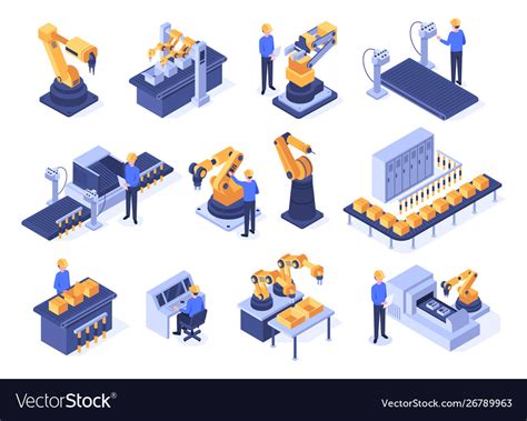Isometric Industrial Robots Assembly Line Vector Image