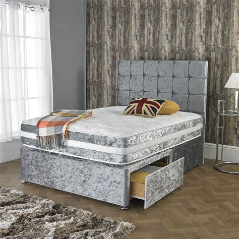 Crushed Velvet Divan Bed With Open Spring Memory Foam Mattress Luxury