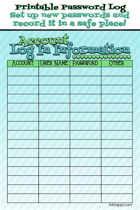 Printable Password Log and Creating New Passwords - inkhappi