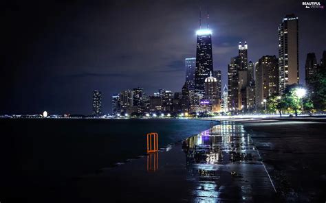 Lake Michigan Night Chicago Skyscrapers The United States