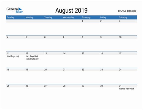 August 2019 Calendar With Cocos Islands Holidays