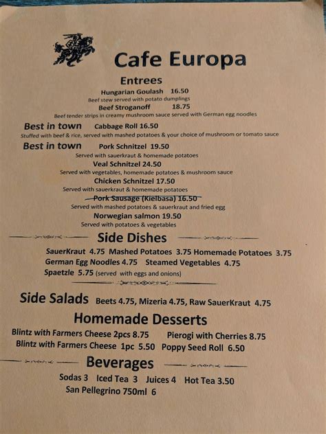 Menu At Cafe Europa San Francisco