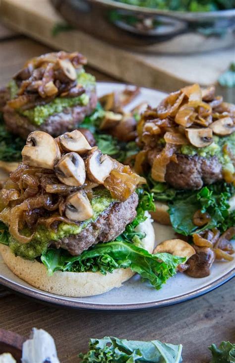 Pesto Burgers With Caramelized Onions And Mushrooms The Roasted Root
