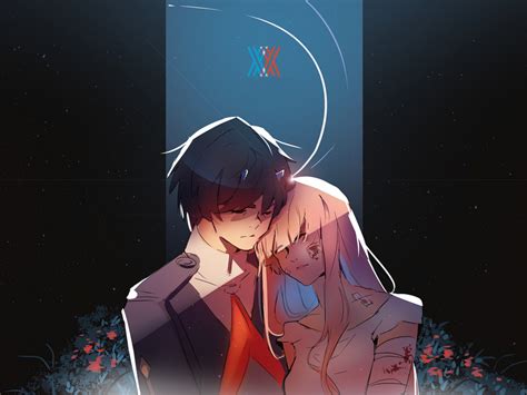 Hiro And Zero Two Love Anime Couple Hug Art Wallpaper