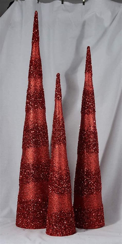 Ten Waterloo Set Of 3 Glittered Red Christmas Cone Trees 36 Inches 30