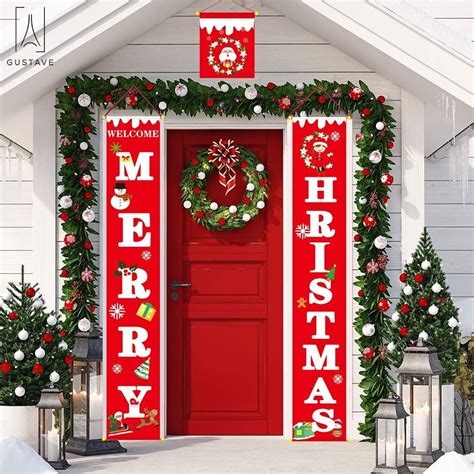 Gustavedesign Merry Christmas Banner Welcome Christmas Porch Sign Red