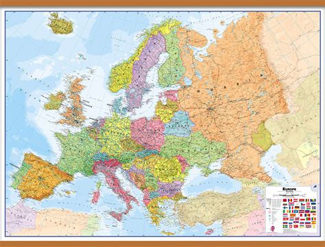 Large Europe Wall Map Political Rolled Canvas With Wooden Hanging Bars