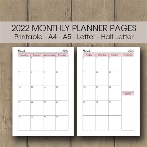 2022 Calendar Page Printable 2022 Monthly Planner Insert Etsy
