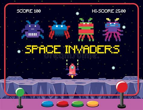 Pixel Space Game Interface With Space Invaders Stock Illustration