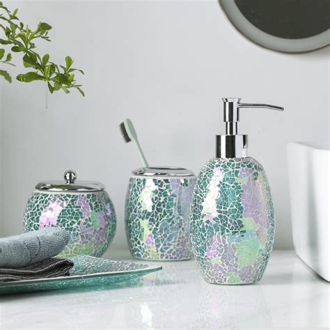 4 Pieces Bathroom Accessory Set Bright Colored Mosaic Glass Bath