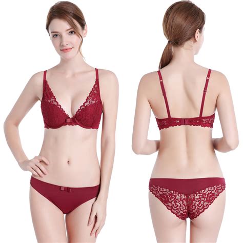 Fashion Sexy Lace Thin Bra Briefs Sets Deep V Neck Push Up Underwear Vintage Solid Color Bra Set