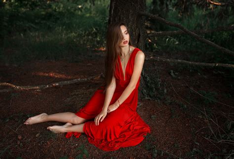 Wallpaper Women Red Dress Barefoot Model X