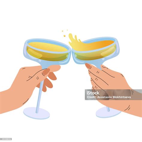 Two Hands Clinking Glasses With Champagne Festive Illustration Christmas New Years Greeting Card