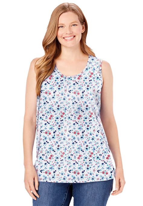 Woman Within Womens Plus Size Perfect Printed Scoop Neck Tank Top