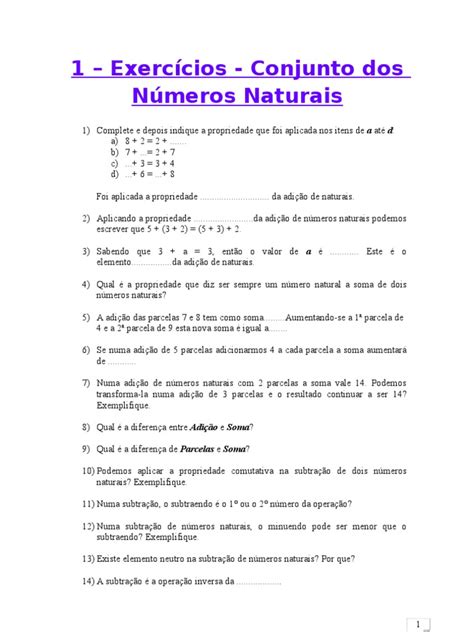 1 Exercícios Conjunto Dos Números Naturais Divisão Matemática