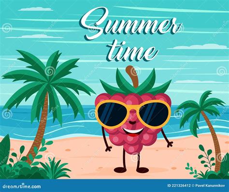 Funny Summer Beach Background With Raspberry Fruit Character Cartoon