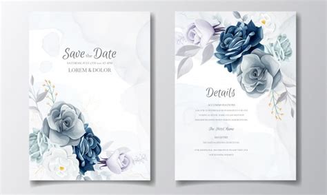 Download, print, or send online. Navy blue floral wedding invitation card template with ...