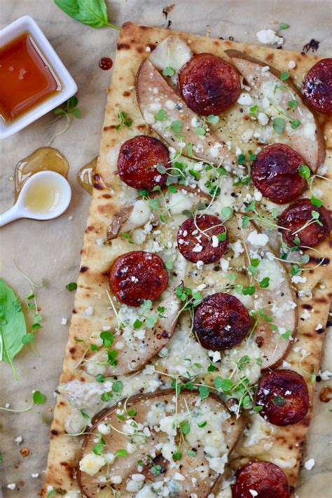 Flatbread Pizza With Pear Gorgonzola Sausage And Honey Slice Of Jess