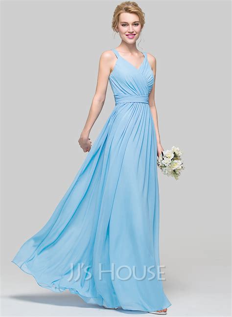 A Line Princess V Neck Floor Length Chiffon Bridesmaid Dress With Ruffle Bow S 007090187 Jj