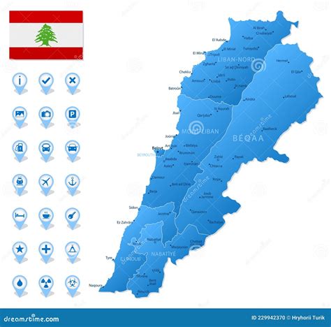 Blue Map Of Lebanon Administrative Divisions With Travel Infographic
