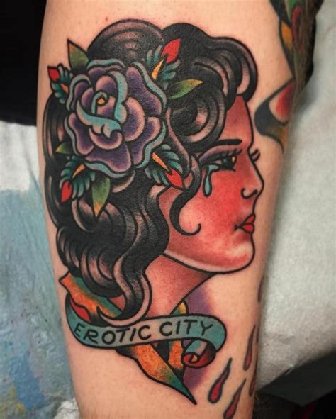 Old School Style Colored Crying Woman Tattoo On Arm With Lettering