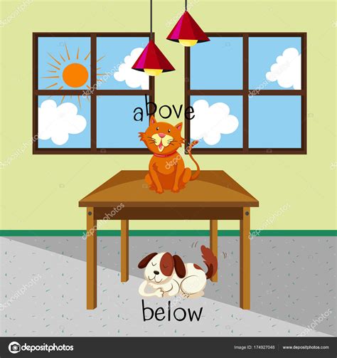 Opposite Words For Above And Below With Cat And Dog In The Room — Stock